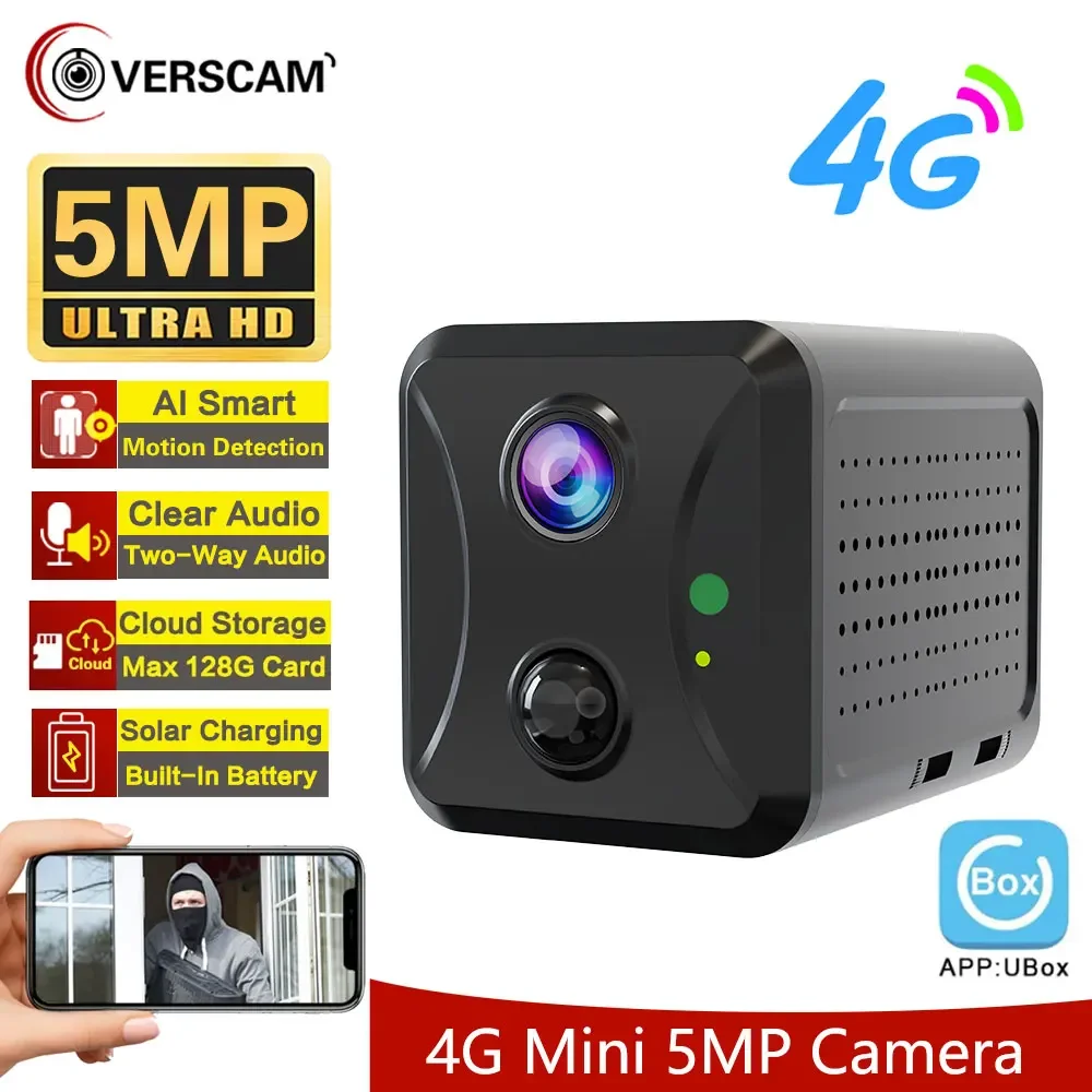 4G SIM Card 5MP Mini Solar Panel Camera Outdoor PIR Detection CCTV Security Wireless Rechargeable Battery Long Time Standby Cam