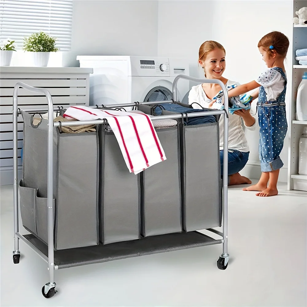 

1pc Heavy Duty Rolling Laundry Hamper Cart With Ironing Board Top & Wheels, 4 Section Removable Bag Sorter athroom