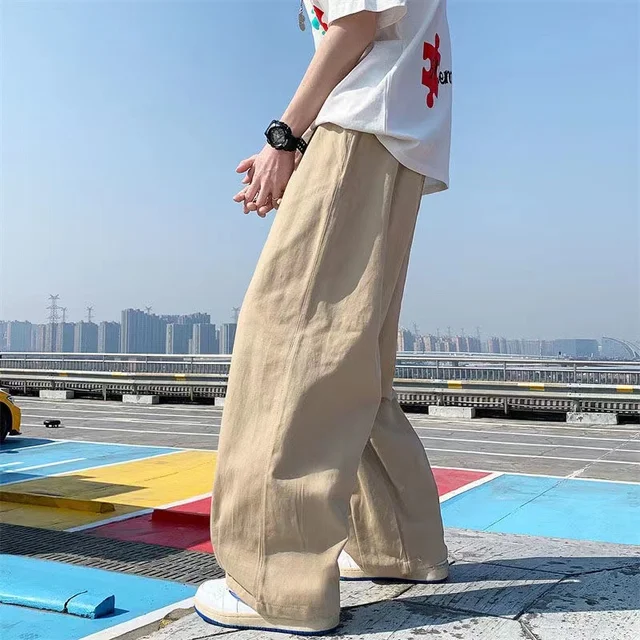 [최신|인기상품]남성와이드면바지 => 남성용 코튼 와이드 레그 팬츠, 단색 캐주얼 팬츠, 한국 루즈 스트레이트 팬츠, 남성 S-5XL, 패션 스트리트웨어, 봄 [ChinaNOW | 추천상품]