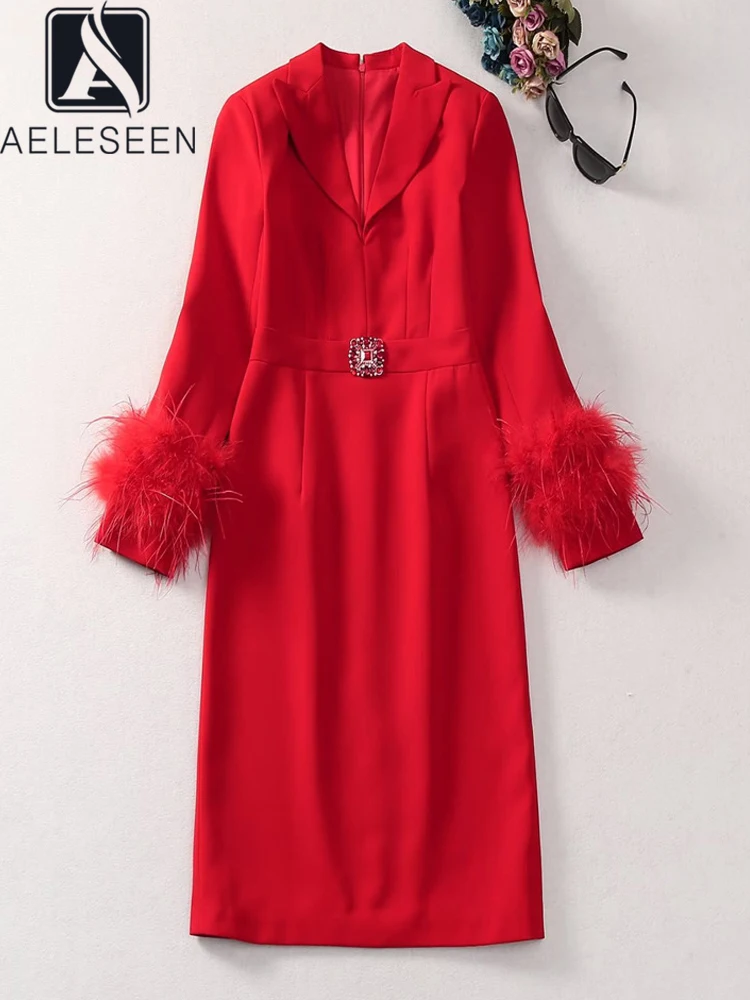 

AELESEEN Women Red Dress Design Fashion Autumn Winter Turn-Down Collar Feathers Long Sleeve Patchwork Beading Diamonds Belt Midi