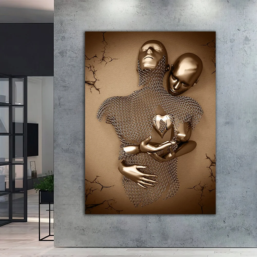 Set de 3 Affiches d'Art Moderne 3D Figurine en Métal Portrait Amour Cœur  Baiser Photos