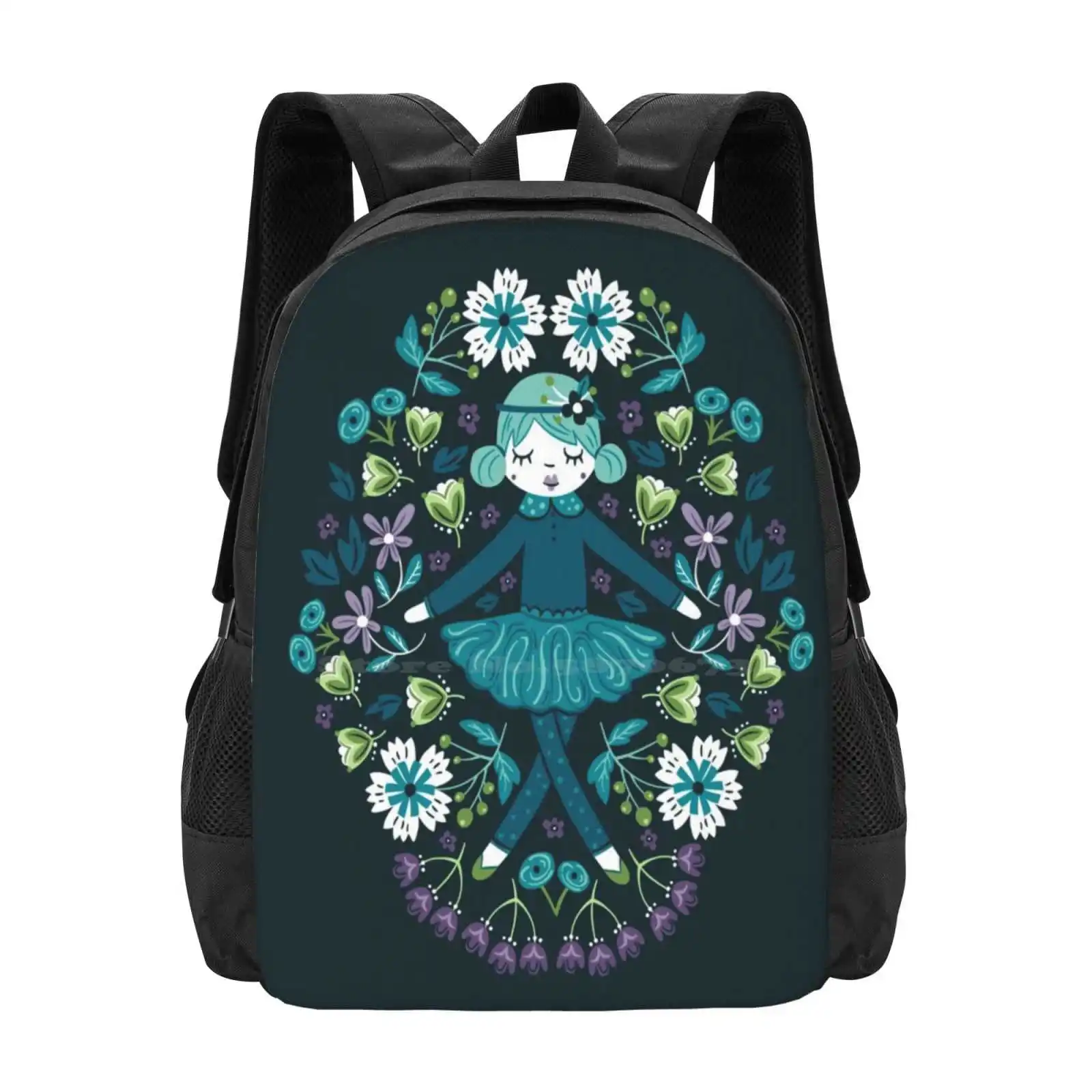 

Ballerina Rag Doll Bag Backpack For Men Women Girls Teenage Pattern Rag Doll Florals Folkart Flowers Nature Leaves Retro