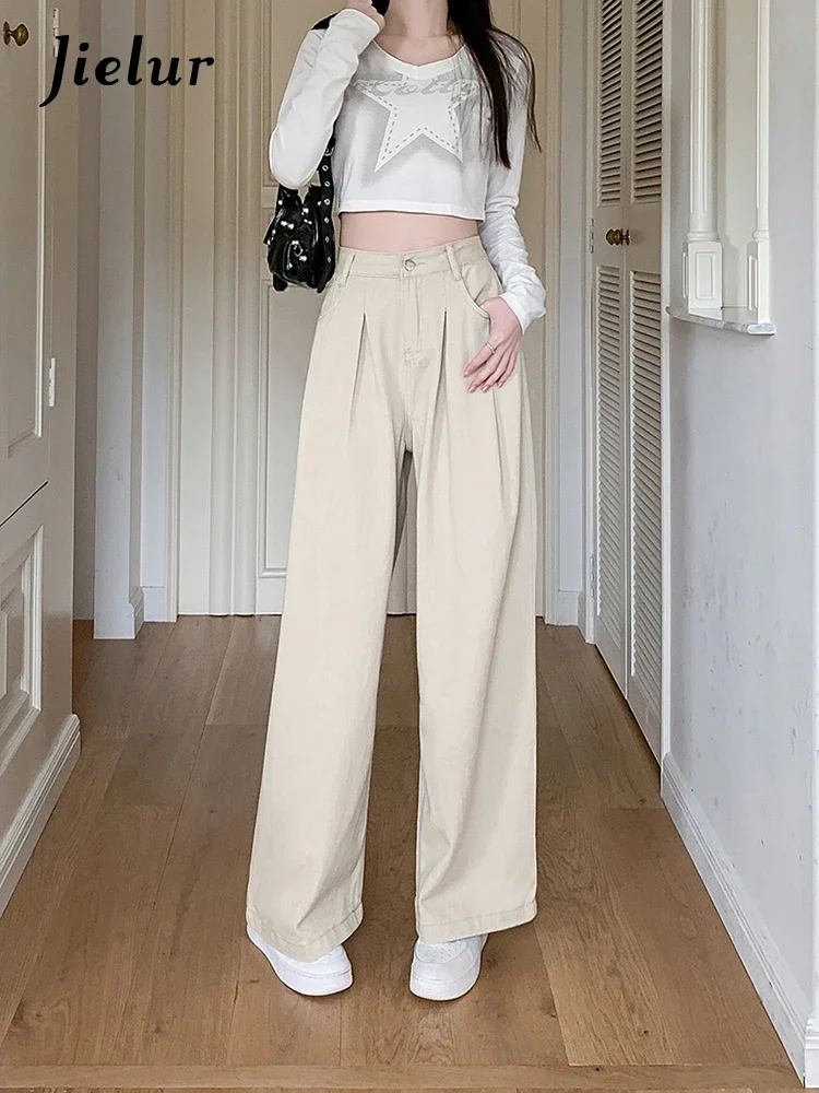 Jielur New Loose High Waist Women Jeans Casual Fashion Street Woman Jeans Khaki Simple Basic Pants Straight Leg Pants Female