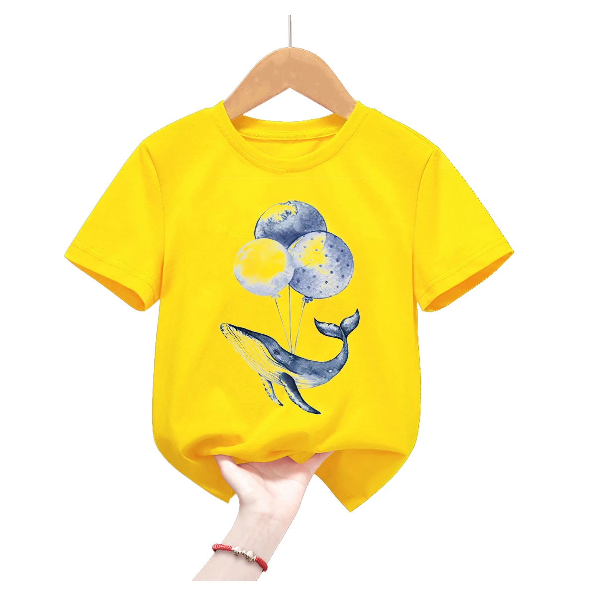 Dolphin With Balloon Print Yellow Tshirt Girls/Boys Harajuku Kawaii Kids Clothes Whale Flowers Summer Tops Fashion T Shirt 5