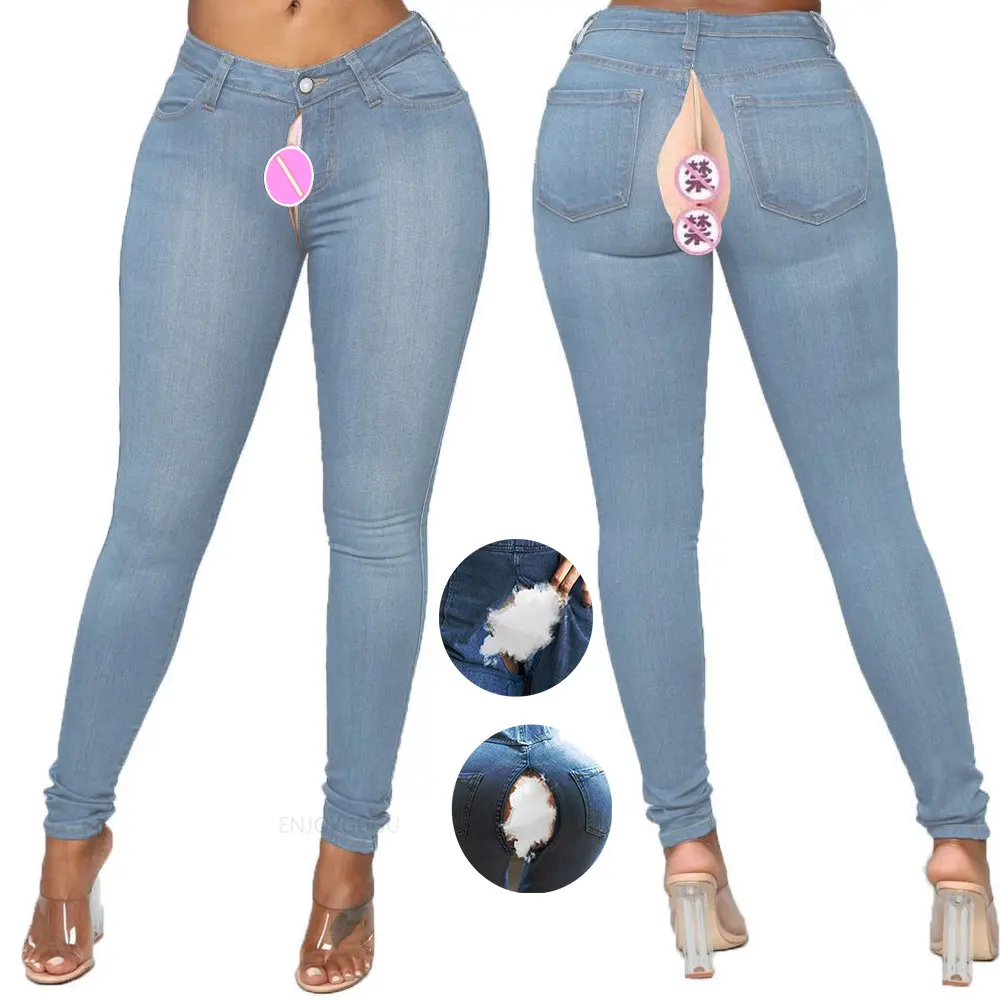 Invisible Open-Seat Pants Jeans Women plus Size Peach Hip Trousers Outdoor Sex Convenient Skinny Denim Cargo Pencil Pants Women