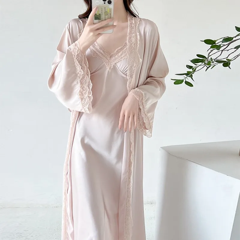 売れ筋商品|||ドレス パジャマ ロング セクシー サテン フレア袖 フェザー パッチワーク レディース 女性のためのセクシーなサテンのロングドレス,夏の夜のための