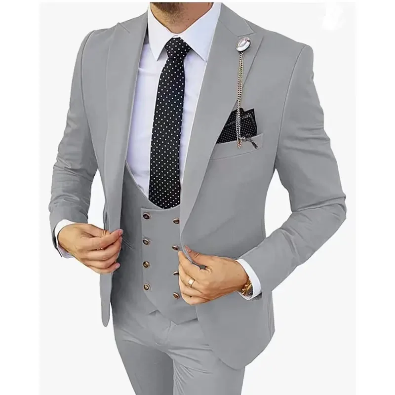 Men 3 Piece Set (Jacket+Pants+Vest) 2024 Wedding Dress Elegant Suit For Male Wine Red Single Button Fashion Blazer Business Sets