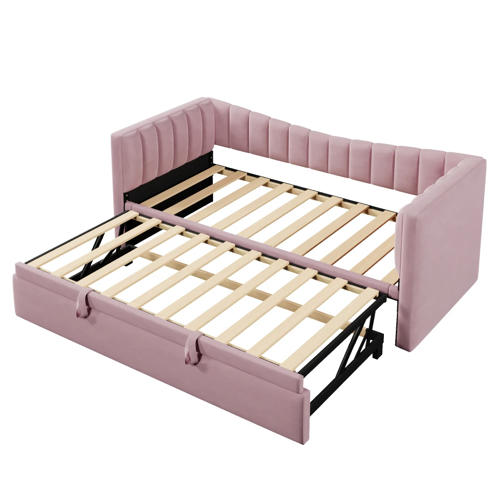 Tagesbett, 90 x 200 cm (180 x 200 cm), gepolstertes Bett mit ausziehbarem Bett, Schlafsofa, Einzelbett, Doppelbett (ohne Matratze), Samt – Detail 18