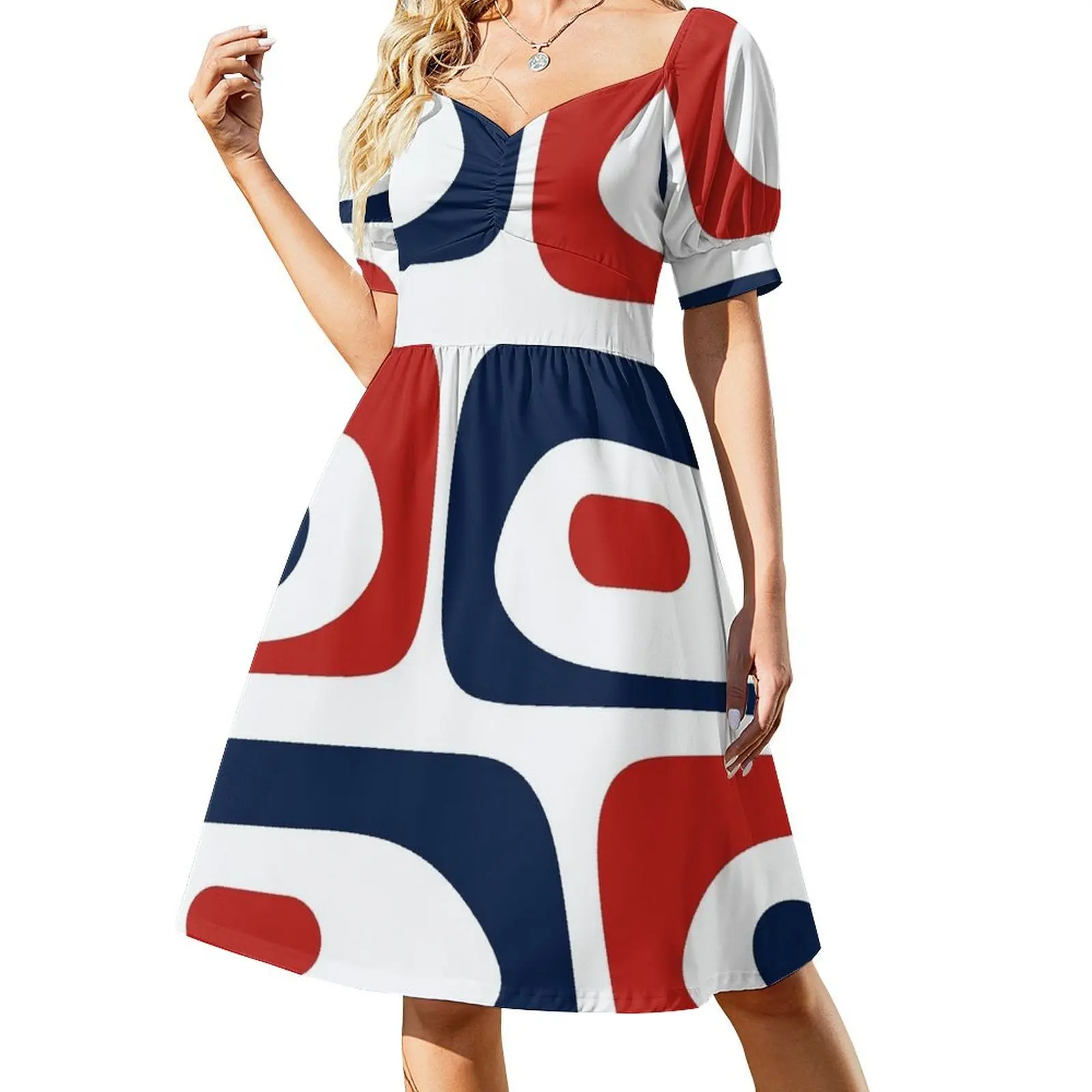 thumbnail image 1 of Patrón abstracto minimalista de piquete moderno de mediados de siglo en rojo blanco y azul marino náutico Vestido de manga corta Vestidos de mujer, 1 of 8