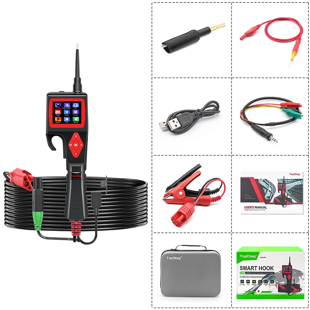 TopDiag Jdiag P200 12V 24V SMART HOOK Power Probe Car Circuit Analyzer Tester Digital Test Electrical System Detector Multimeter Circuit Tester Circuit Detector Automotive Circuit Tool