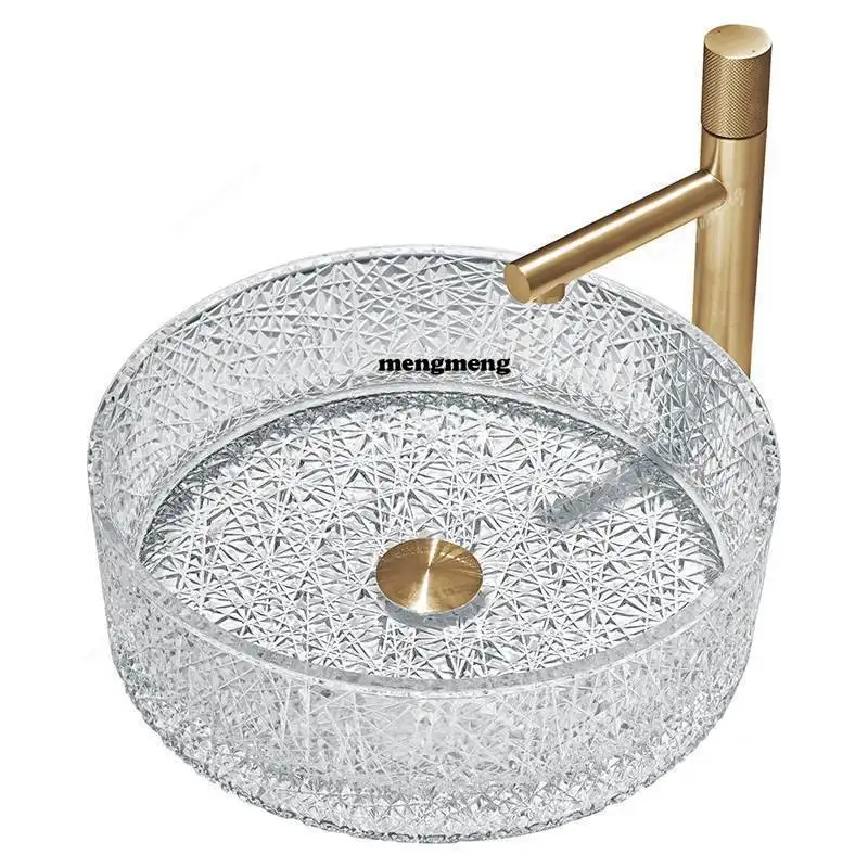 อ่างล้างหน้าทรงกลมทำจากกระจกใส อ่างล้างหน้าในห้องน้ำอพาร์ทเมนท์ อ่างล้างหน้ากระจกคริสตัลแบบเทมเปอร์ อ่างล้างหน้าแบบหล่อขึ้นรูป 1