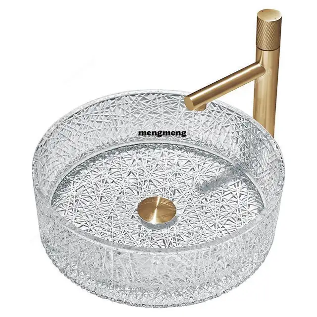 อ่างล้างหน้าทรงกลมทำจากกระจกใส อ่างล้างหน้าในห้องน้ำอพาร์ทเมนท์ อ่างล้างหน้ากระจกคริสตัลแบบเทมเปอร์ อ่างล้างหน้าแบบหล่อขึ้นรูป 1