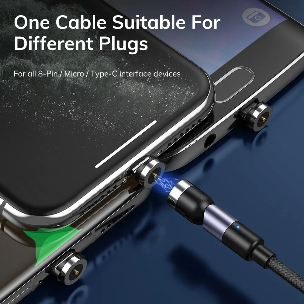Charging Cable TOPK Magnetic Charging 3 in 1 Cable 540 Rotating Micro USB Type C Cable Magnetic Phone Charger 90 Angle Connector charging cable