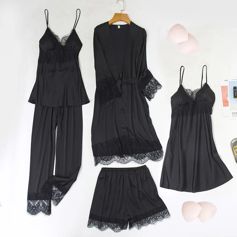 Four Seasons Pajamas Women's Sexy Sleepwear Ice Silk-like Satin Lace Five-piece Set with Chest Pad Nightgown Sling Home Clothes