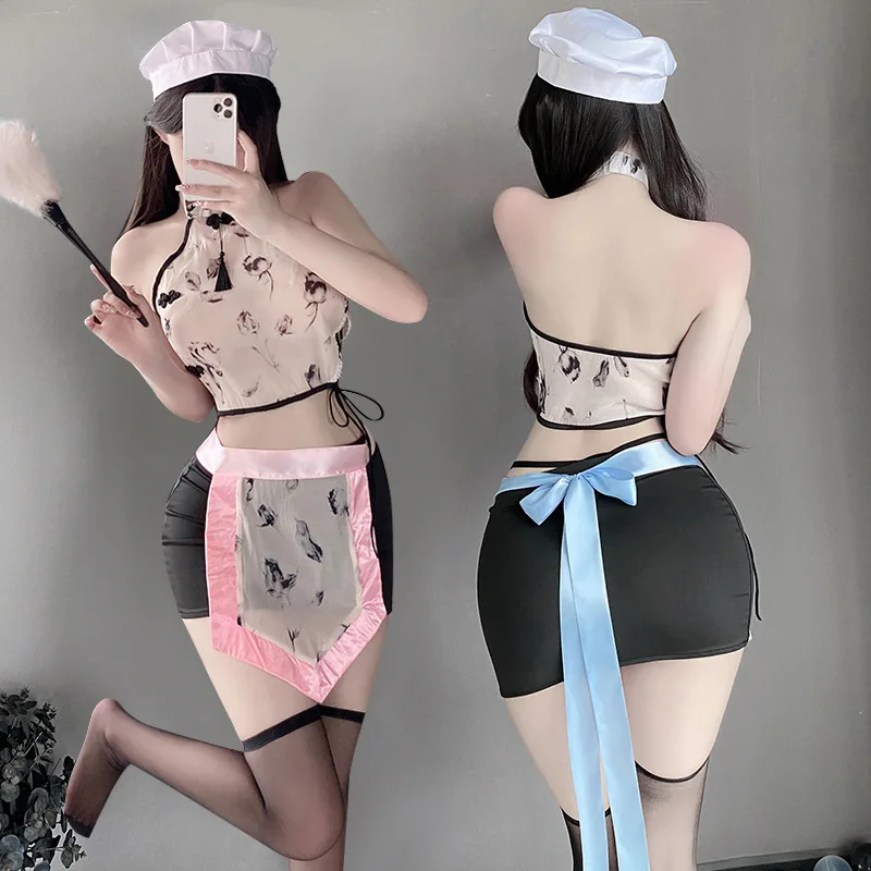 

Sexy See-through Lingerie Women Retro Cheongsam Pajamas Maid Chef Uniform Temptation Tassels Qipao Top Hip Wrap Skirt Apron Set