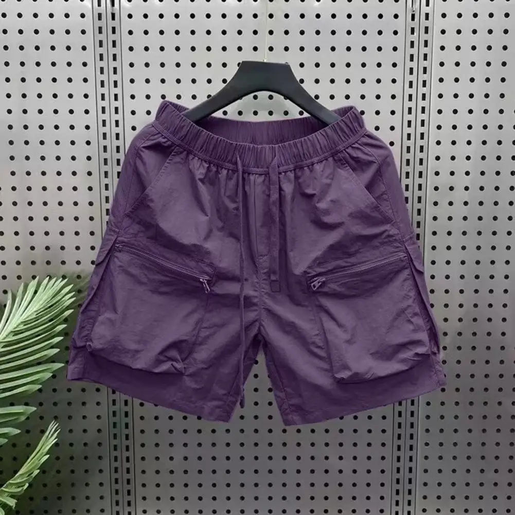 

Pure Color Men Shorts Men's Quick Dry Cargo Shorts with Zipper Pockets Drawstring Elastic Waist Lightweight Breathable Summer