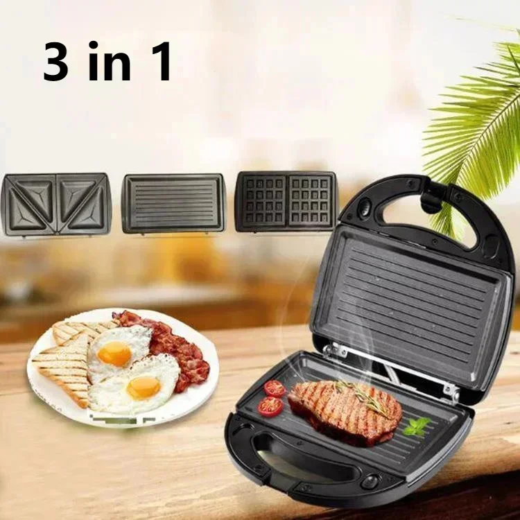 220V 750W 3 In 1 Household Sandwich Machine Multifunctional Waffle Machine Heating Cake Pan Steak Panini Breakfast