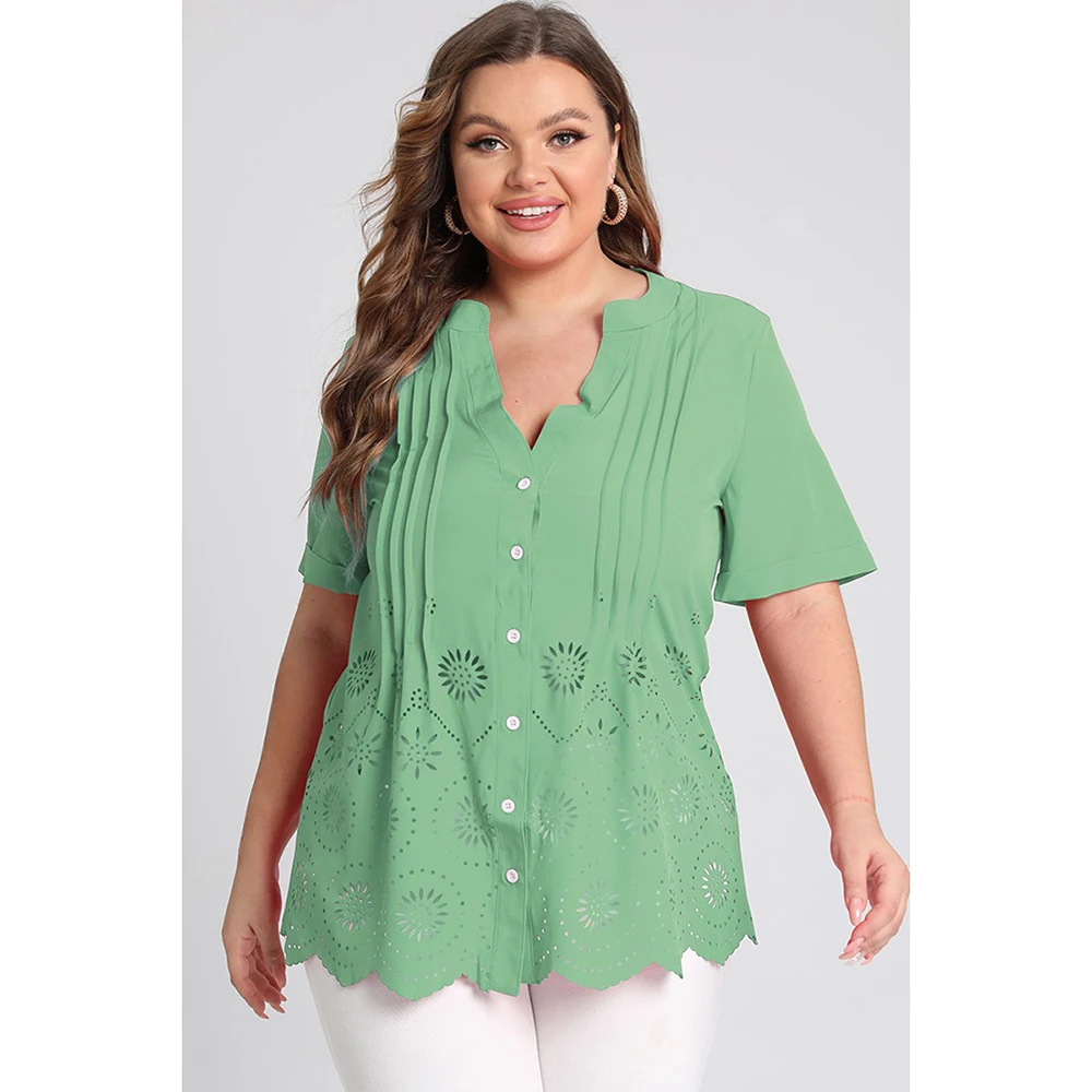 Plus Size Split Neck Crinkle Chest Pierced Blouse