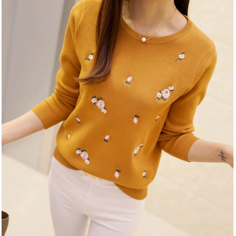 

2023 Newest Style Womens Pullovers Beautiful Flowers Embroidery Long Sleeve Casual Female Cotton Sweater Solid color Female Tops