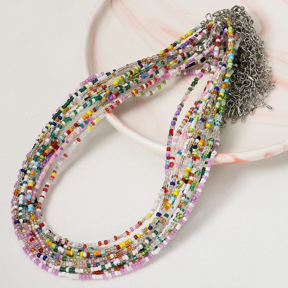 

2mm Irregular Color Beaded Necklace Boho Seed Beading 40cm Chain with Lobster Clasp Coonector for Jewelry Making DIY Findings