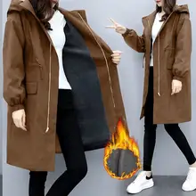 

2021 Coats Women Autumn Winter Hooded Drawstring Pocket Zipper Long Outwear Plus Size Elegant Ladies Thicken Windbreaker Coats