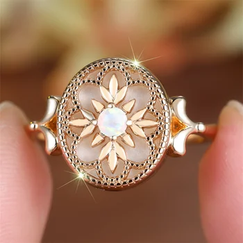 White Opal Trendy Flower Round Stone Rings For Women Vintage Gold Color Engagement Bands Wedding Jewelry Bridal Versatile Gifts