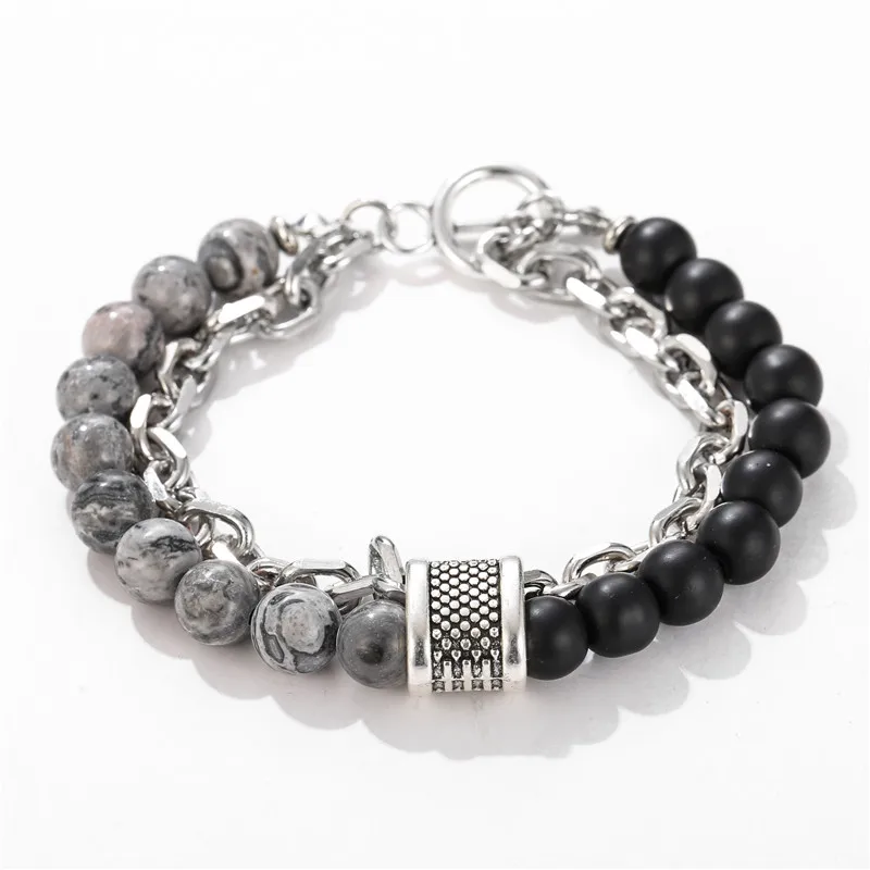 Frosted Stone Punk Geometric Double Layer Beaded Bracelet - Detail View 3