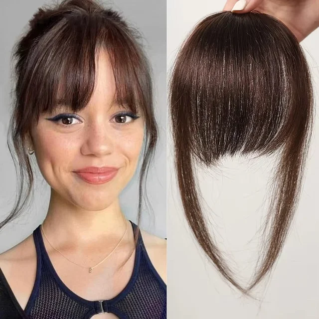 Frange en cheveux humains 100% naturels, brun naturel, effet effilé, à clipser, avec mèches latérales, postiche pour femme, frange aérienne à clipser, 4,5 pouces 1