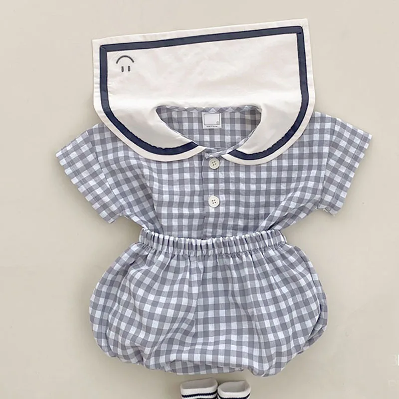 Baby Suit Girls Charm Plaid College Style Short Sleeved Top + Shorts 2pcs Summer Lapel Top 2pcs Set Baby Clothing Set for boy