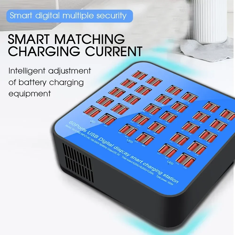 300W/200W/100W 10/20/40/60 Ports USB Charger Display For Android iPhone Adapter Multifunctional HUB Charging Station Dock Socket
