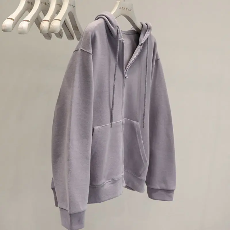

Long Sleeve Loose Jacket Women Cardigan Sweatshirt Solid Color Zip-up Hooded Top