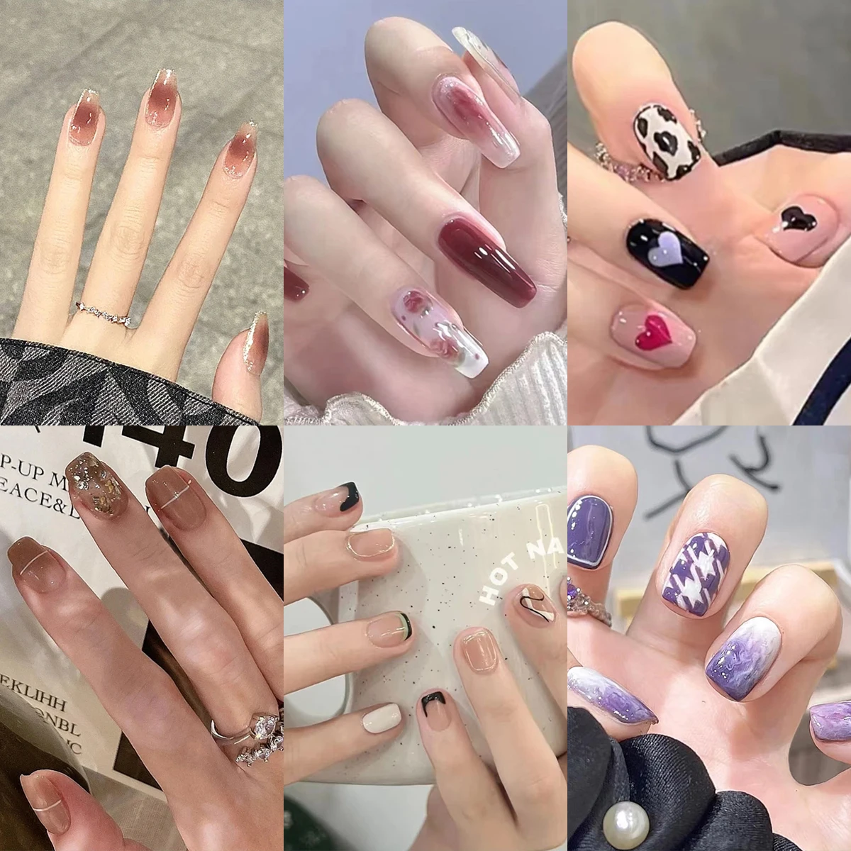 6 Packs (144 Pcs) Press On Nails Short Square Fake Nails Leaf Design Stick On Nails Artificial