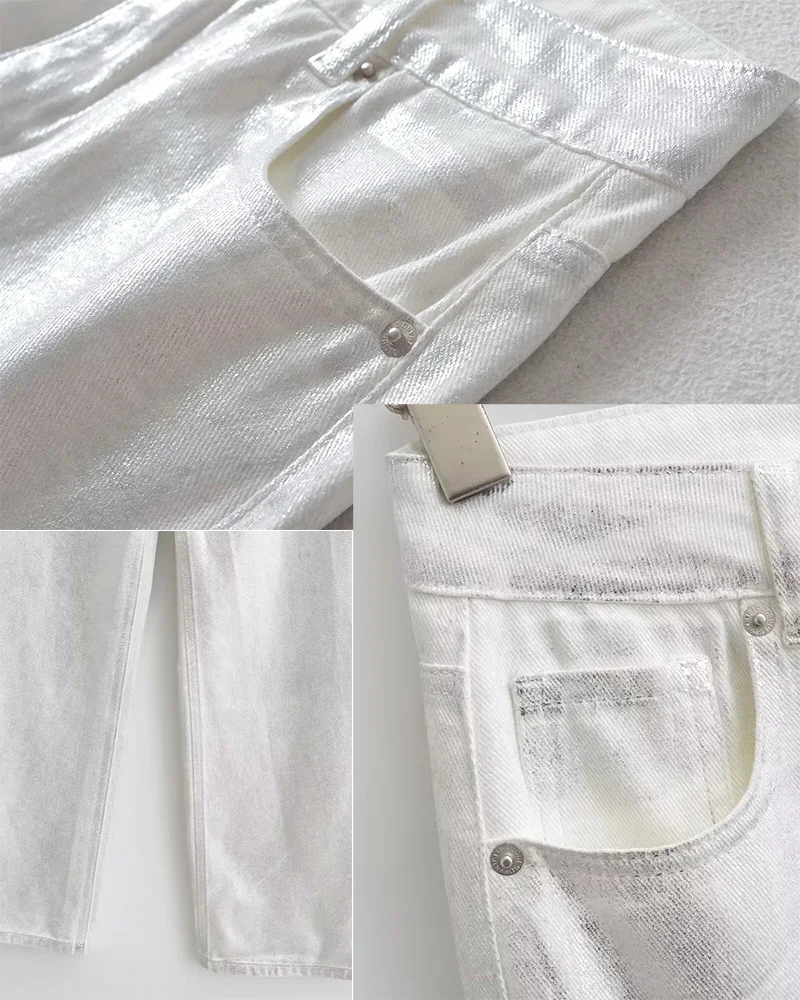 Women's White metal textured loose fitting jeans Wide Leg Fitting Straight Trousers Denim Trousers Hip-hop Streetwear