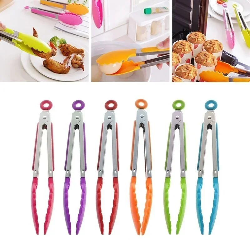Food Tongs Stainless Steel Kitchen Tongs Silicone Handle BBQ Tong Non-Slip Food Tong Utensil Cooking Clip Clamp Salad Serving Baking Tool