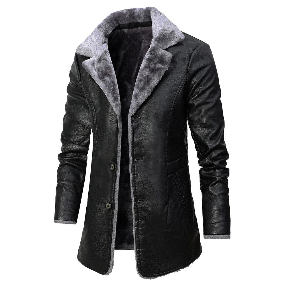 

2023 Mens Long Leather Jackets Autumn Winter Lapel Thick Fleece Casual Vintage Faux Male Outwear Overcoat PU Leather Coats