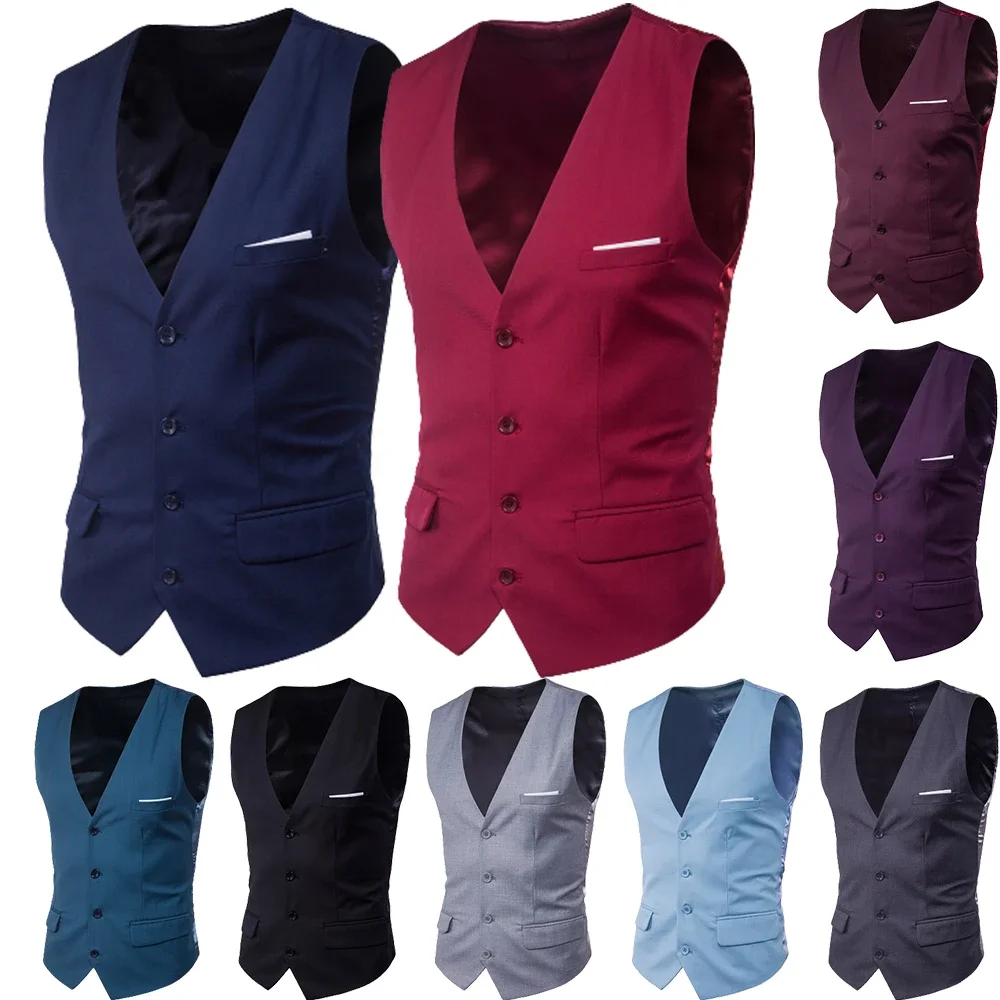 Formal Business Vests Men Fashion Solid Color V Neck Sleeveless Button Closure Blazer Suit Vest Wedding Party Man Slim Waistcoat