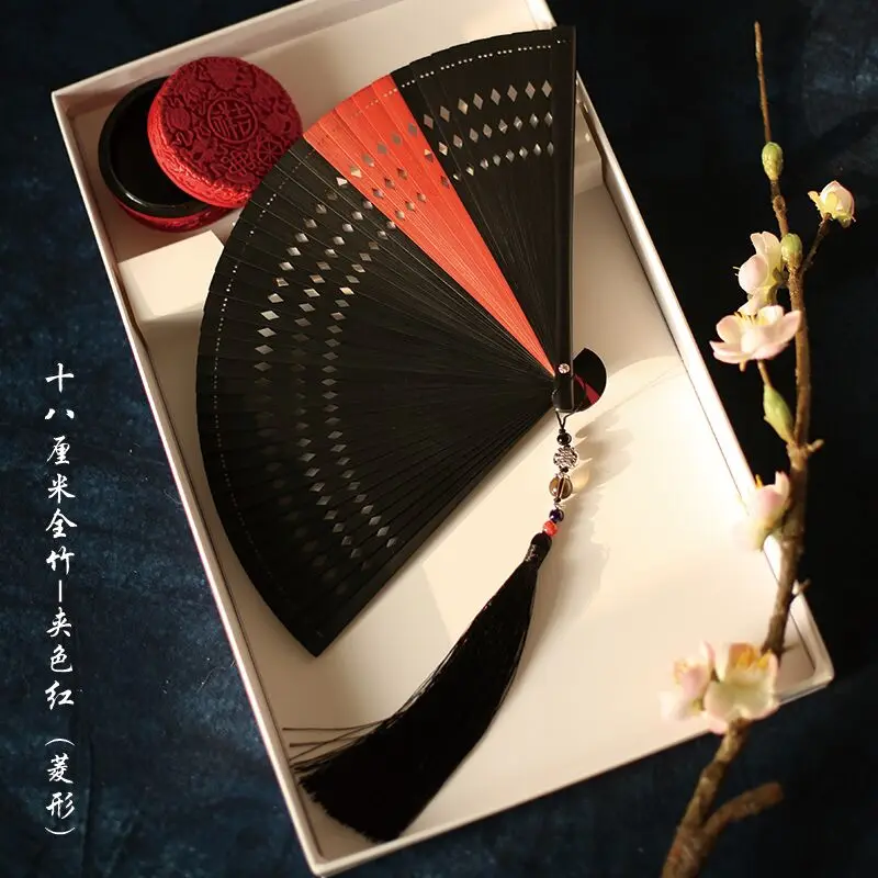 

Chinese Style Han Costume Antique Style Folding Fan Little Japanese Full Bamboo Craft Fan Solid Color Red Mini Women's Fan