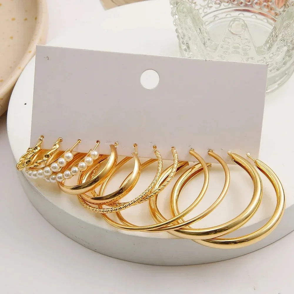 Ensemble de boucles d'oreilles créoles Boho Big Circle pour femmes, boucles d'oreilles en perles vintage de couleur or, clous d'oreilles en forme de cœur en zircon, bijoux cadeaux_voghion.com