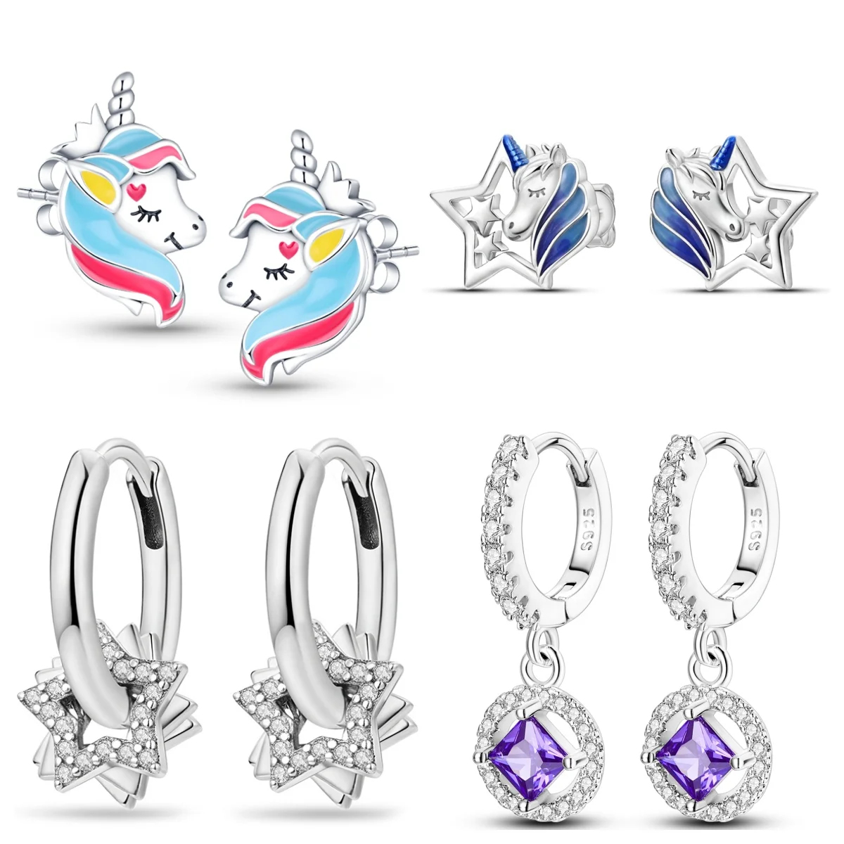 925 스털링 실버 S925 반짝이는 별 유니콘 스터드 귀걸이, 심플한 파인 주얼리, 여성 소녀 패션 파티, 거티 선물 2024 