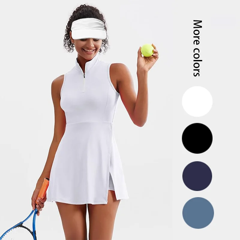 Summer Solstice Women's Tennis Dress,Fashion 2-in-1 Tennis Golf Sports Dress,Polo Collar Design Women's Fitness Dress sleeveless