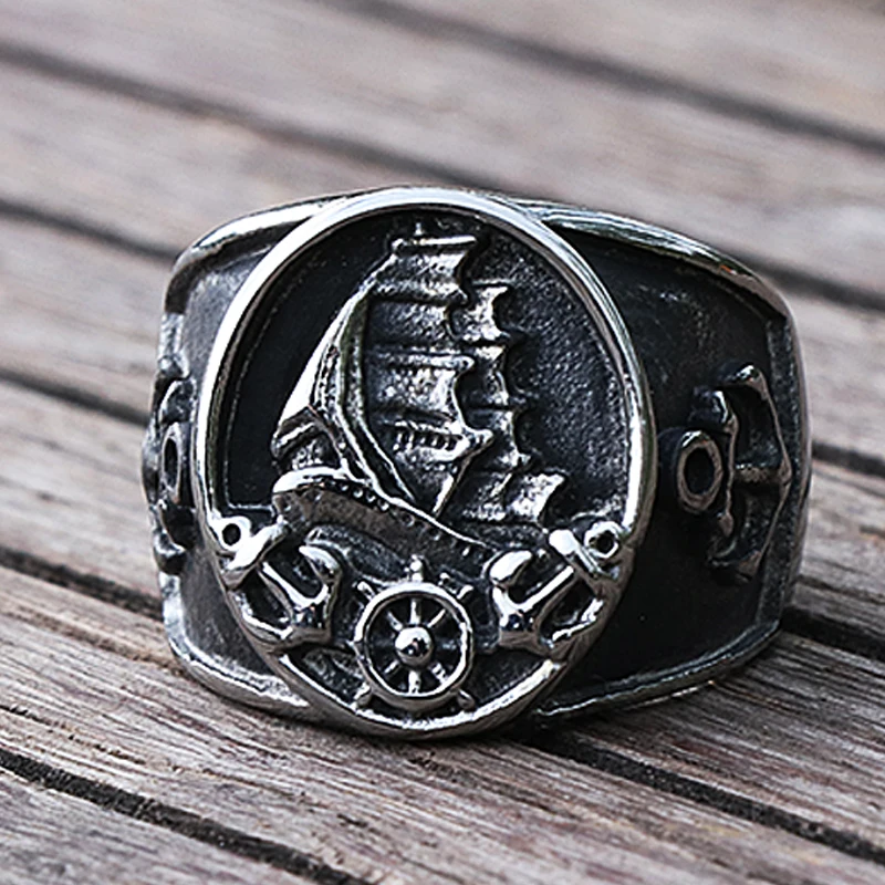 Anillo pirata de velero nórdico para hombre y mujer, joyería de acero
