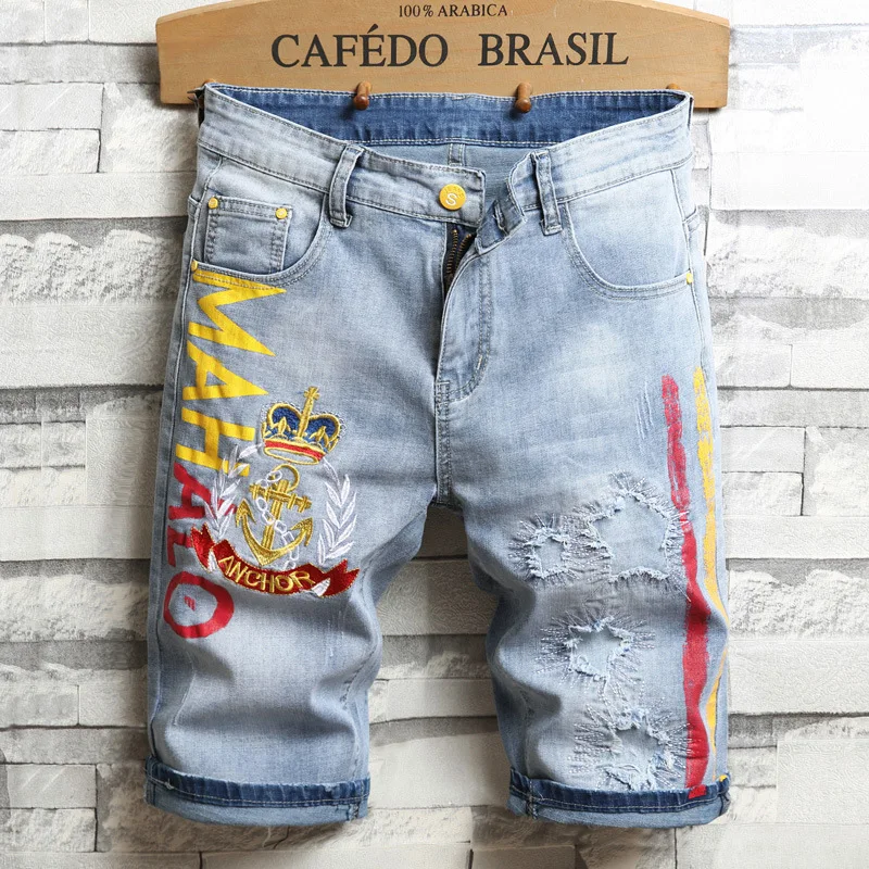 Men's Embroidered Denim Shorts Summer Thin Section Ripped Five-point Pants Stretch Trend Fashion Men's Clothing Denim Short