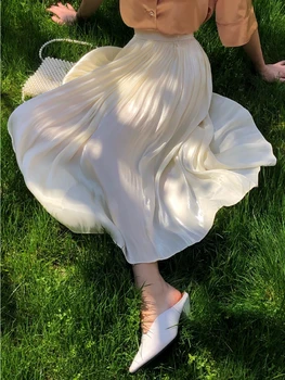Summer New Women's Mid-length Skirt Luminous Copper Ammonia Silk Women's Pearlescent Streamer Yarn A-line Pleated Bright Skirt