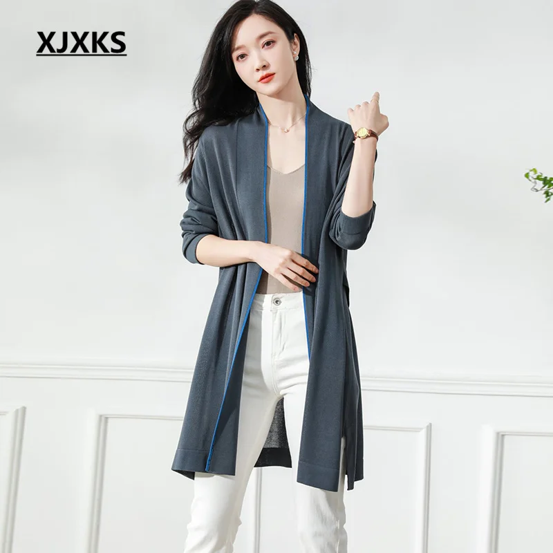 

XJXKS Loose Oversize Fashion V-neck Women's Cardigan 2023 Spring Autumn New Knitted Long Coat Lady Sweater Jacket