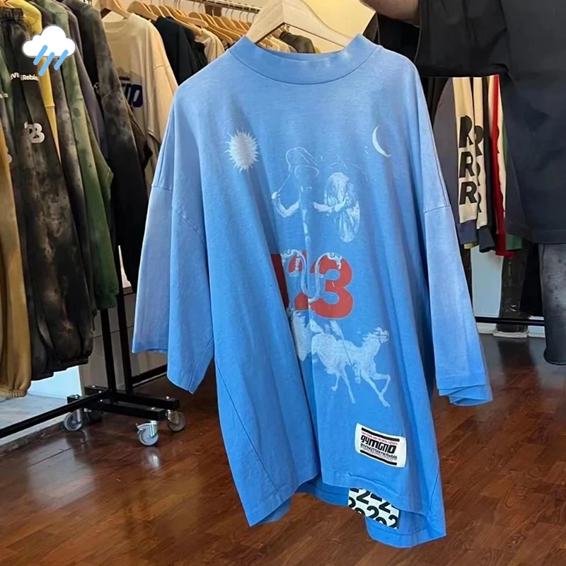 Główna ulica napis Graffiti nadruk Logo rrrr123 T-Shirt męski damski Oversize najlepszej jakości bawełniana koszulka w stylu Vintage sprany niebieski T Shirt