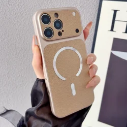 Premium PU Leather Magnetic Phone Case - Shockproof Matte Cover with Magsafe Compatibility - iPhone 15 Plus (Khaki)