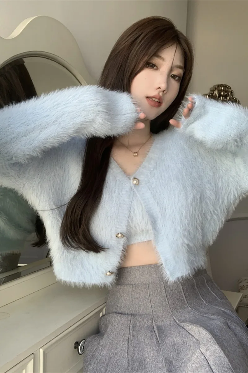 여성용 인조 밍크 헤어 2 피스 가디건 세트, 레이디 따뜻한 퍼지 긴팔, 느슨한 V넥 가디건 + 크롭 카미스, 가을 겨울