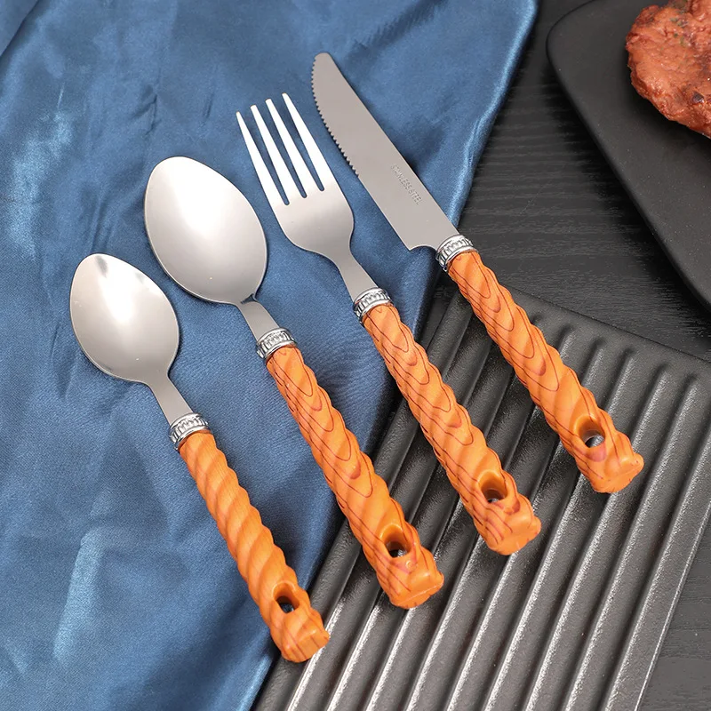 

Tableware Knife Fork Spoon Household 24 Piece Flatware Set Wood Grain Handle Stainless Steel Cutlery Tableware