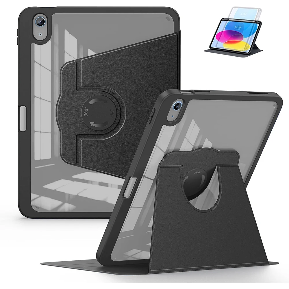 Premium 360° Rotating Clear Acrylic Tablet Case with Pencil Holder & Auto Sleep/Wake Shock-Resistant Feature
