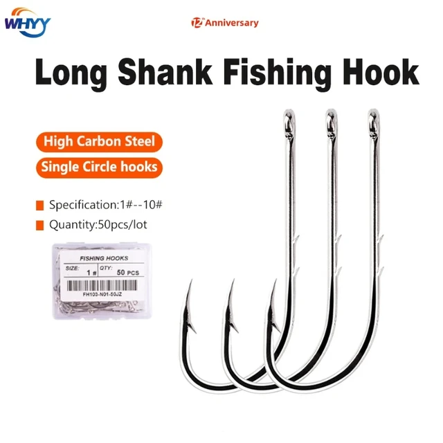 50pcs/ Box Long Shank Fishing Hooks 1#-10# Fish Hooks High Carbon Steel Hook  Sharp